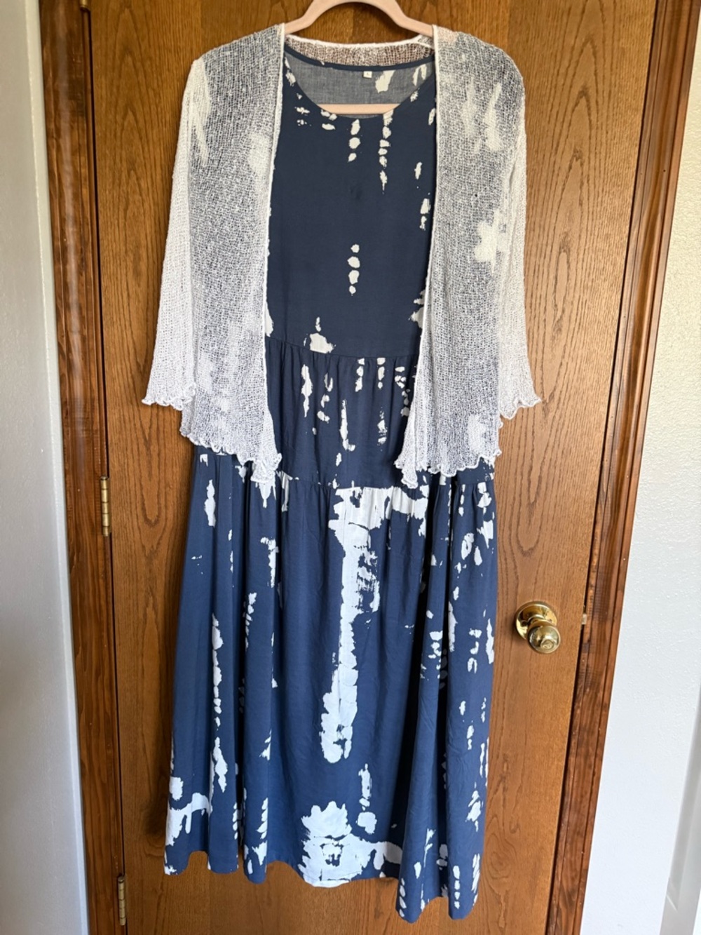 Navy Tie-Dye Maxi Dress with White Shrug
